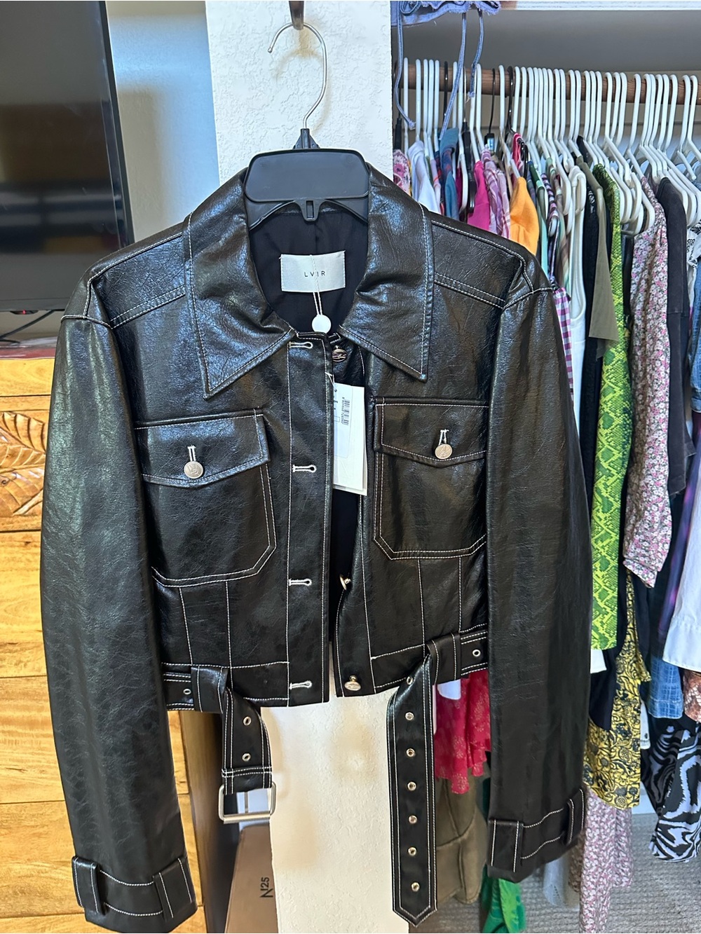 Black Faux Leather Belted Cropped Jacket